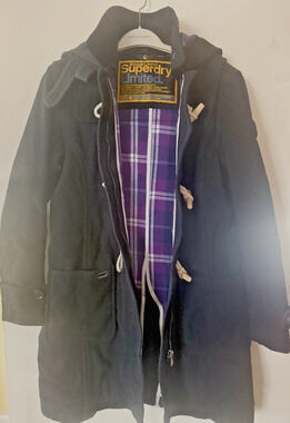 MINT Superdry Duffle Wool Hooded Zip Coat Grey Purple Toggle Size L WARM EUC